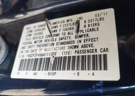 2011 Honda Accord 2.4 Lx-P из США, поврежденный, VIN 1HGCP2F46BA117272